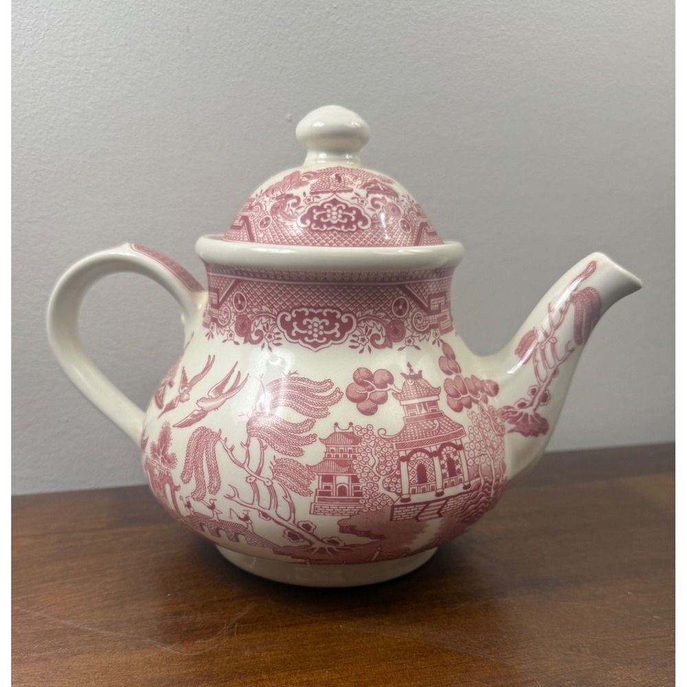 Churchill Pink/Red Willow Teapot Ceramic Transferware Made in England 5 Cup pot